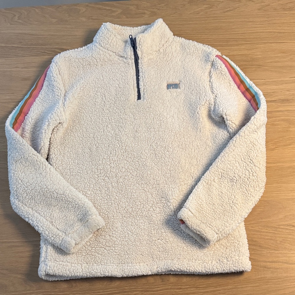 Rip Curl Cream Sherpa Half-Zip Pullover with Rainbow Sleeve Stripes - Teen 14